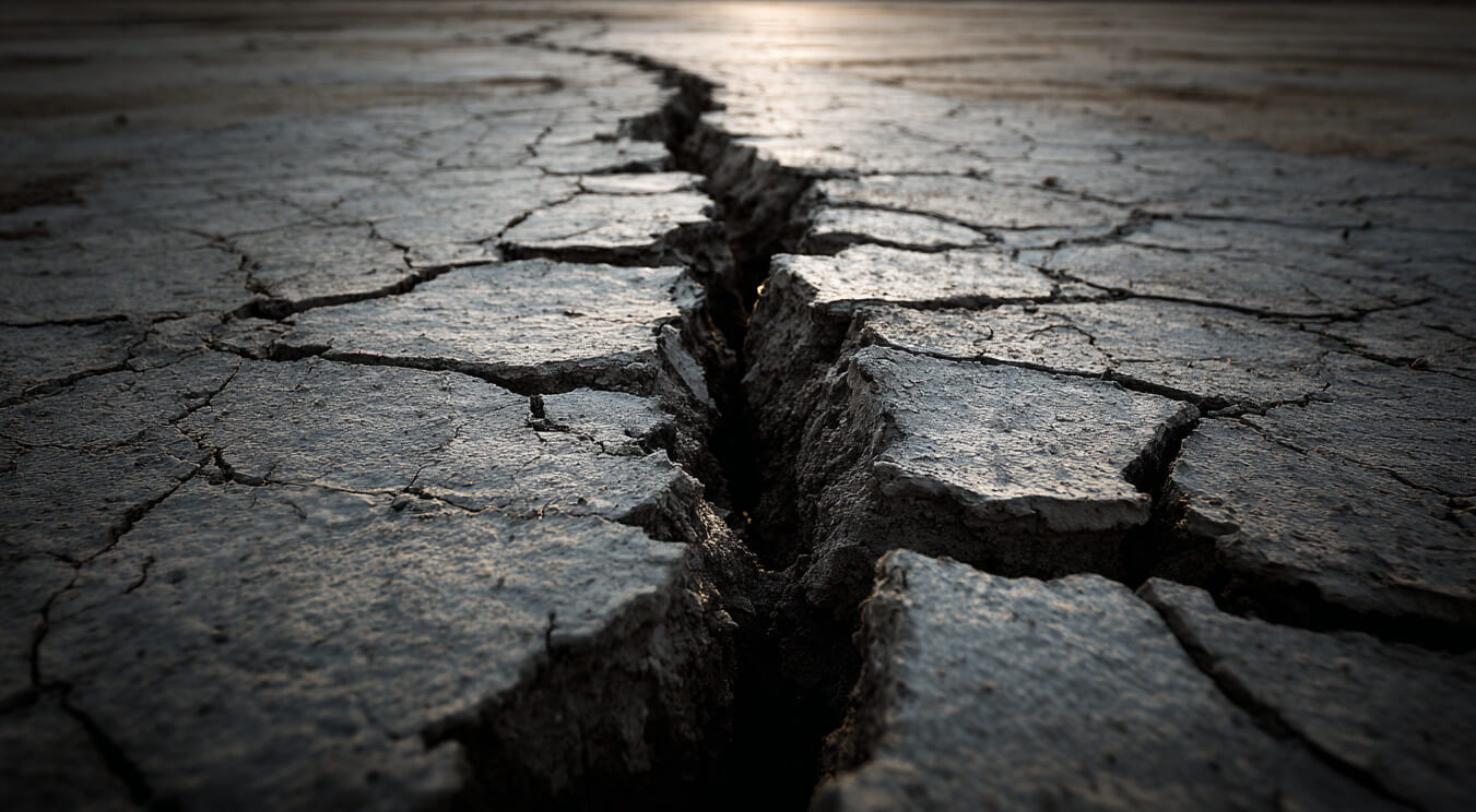 A deep fissure in dry, cracked earth, representing a foundational crisis in public safety.