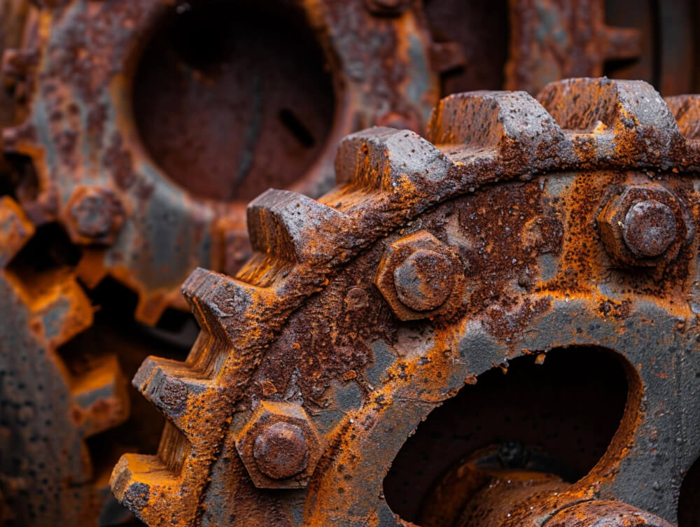 A graphic of interlocking metal gears that are rusted, jammed, and broken, symbolizing a failed government system.
