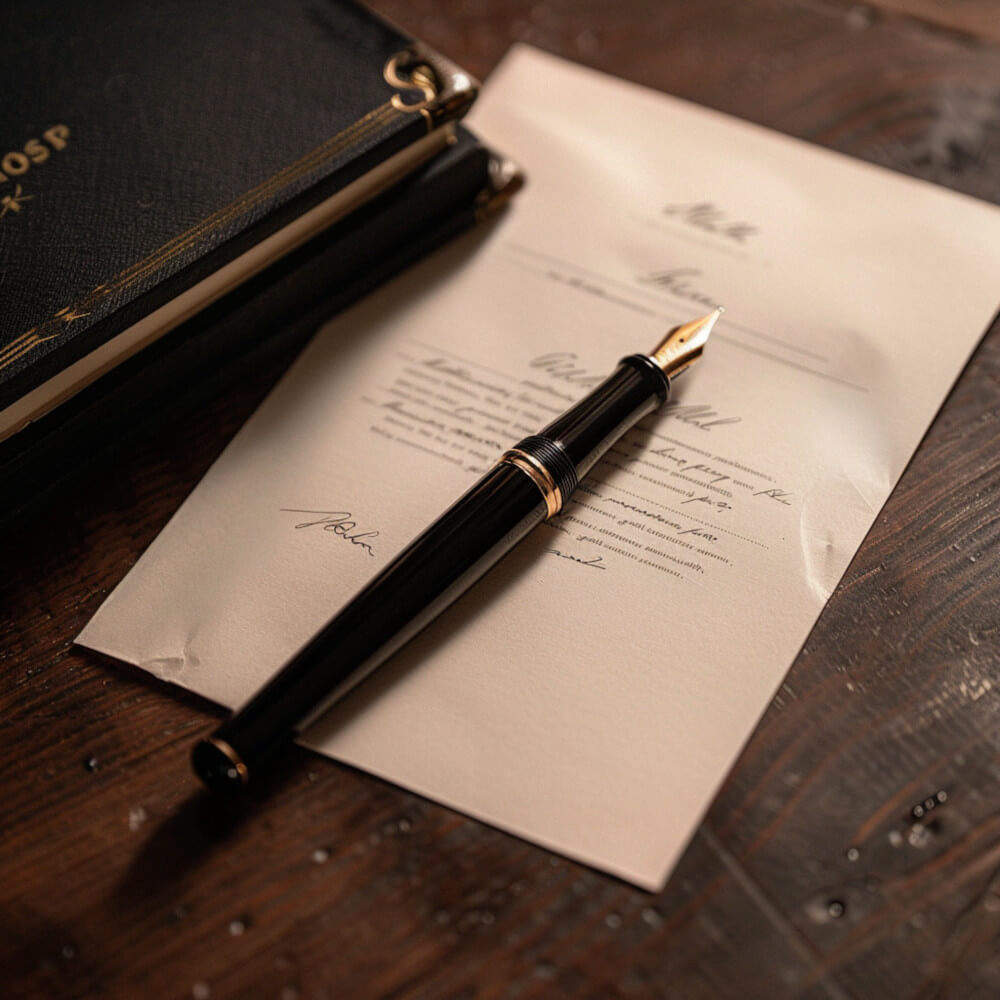 A fountain pen lies next to a completed letter with a signature, representing taking a formal stand through written correspondence.