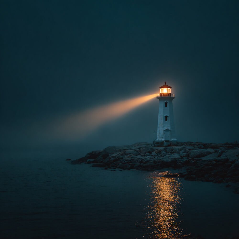 A lighthouse cuts through the dark with a powerful beam of light, representing a clear path to public safety reform.