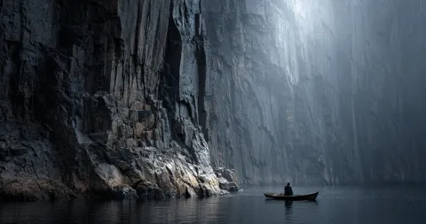 A lone person in a small boat faces a massive cliff, symbolizing the escalation of our fight for accountability to the VOCC and Ombudsman.