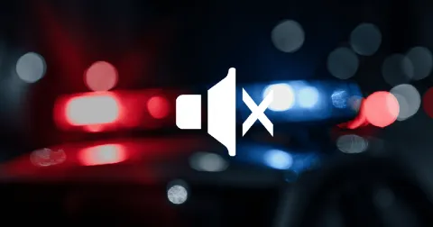 A mute icon superimposed over blurred red and blue police lights, symbolizing a silent and ineffective police response to dog attack victims.