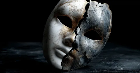 A theatrical mask, half pristine white and half shattered black, symbolizing the breach of trust and conflicted advice from bodies like the RSPCA and AVA.