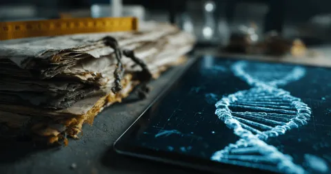 A yellow tape measure and dusty paperwork contrasted with a modern digital tablet displaying a blue DNA strand.