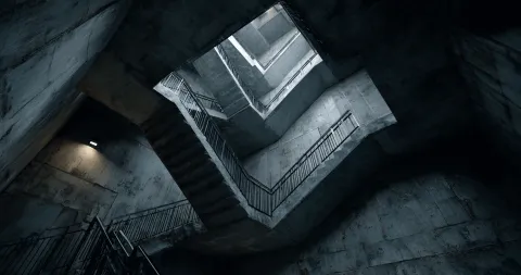 High-angle view looking down into a dark, square concrete stairwell that descends into shadow, symbolizing the recursive loop of bureaucracy.