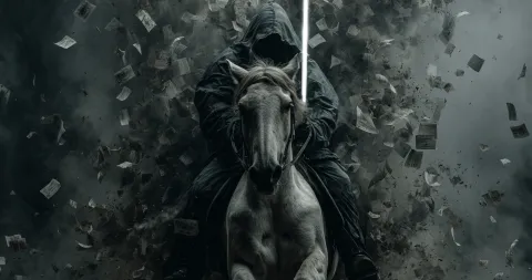 A rider on a white horse cutting through a storm of bureaucratic paperwork with a beam of light, symbolizing the arrival of Truth.