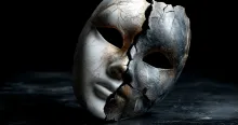 A theatrical mask, half pristine white and half shattered black, symbolizing the breach of trust and conflicted advice from bodies like the RSPCA and AVA.